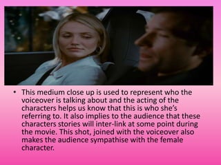• This medium close up is used to represent who the
  voiceover is talking about and the acting of the
  characters helps us know that this is who she’s
  referring to. It also implies to the audience that these
  characters stories will inter-link at some point during
  the movie. This shot, joined with the voiceover also
  makes the audience sympathise with the female
  character.
 