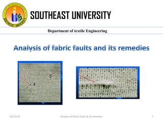 SOUTHEAST UNIVERSITY
Department of textile Engineering
05/22/14 Analysis of fabric faults & its remedies 1
 