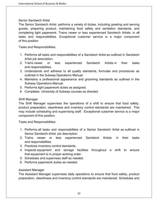 International School of Business & Media

Senior Sandwich Artist
The Senior Sandwich Artist performs a variety of duties, including greeting and serving
guests, preparing product, maintaining food safety and sanitation standards, and
completing light paperwork. Trains newer or less experienced Sandwich Artists .in all
tasks and responsibilities. Exceptional customer service is a major component
of this position
Tasks and Responsibilities:
1. Performs all tasks and responsibilities of a Sandwich Artist as outlined in Sandwich
Artist job description.
2. Trains newer
or
less
experienced
Sandwich
Artists in
their
tasks
and responsibilities.
3. Understands and adheres to all quality standards, formulas and procedures as
outlined in the Subway Operations Manual.
4. Maintains a professional appearance and grooming standards as outlined in the
Subway Operations Manual.
5. Performs light paperwork duties as assigned.
6. Completes University of Subway courses as directed.
Shift Manager
The Shift Manager supervises the operations of a shift to ensure that food safety,
product preparation, cleanliness and inventory control standards are maintained. This
may include scheduling and supervising staff. Exceptional customer service is a major
component of this position.
Tasks and Responsibilities:
1. Performs all tasks and responsibilities of a Senior Sandwich Artist as outlined in
Senior Sandwich Artist job description.
2. Trains newer or less experienced Sandwich Artists in their tasks
and responsibilities.
3. Practices inventory control standards.
4. Inspects equipment and storage facilities throughout a shift to ensure
that equipment is in proper working order.
5. Schedules and supervises staff as needed.
6. Performs paperwork duties as needed.
Assistant Manager
The Assistant Manager supervises daily operations to ensure that food safety, product
preparation, cleanliness and inventory control standards are maintained. Schedules and

22

 
