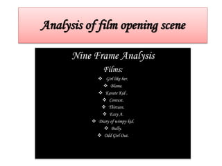 Analysis of film opening scene
Nine Frame Analysis
Films:
 Girl like her.
 Blame.
 Karate Kid .
 Contest.
 Thirteen.
 Easy A.
 Diary of wimpy kid.
 Bully.
 Odd Girl Out.
 