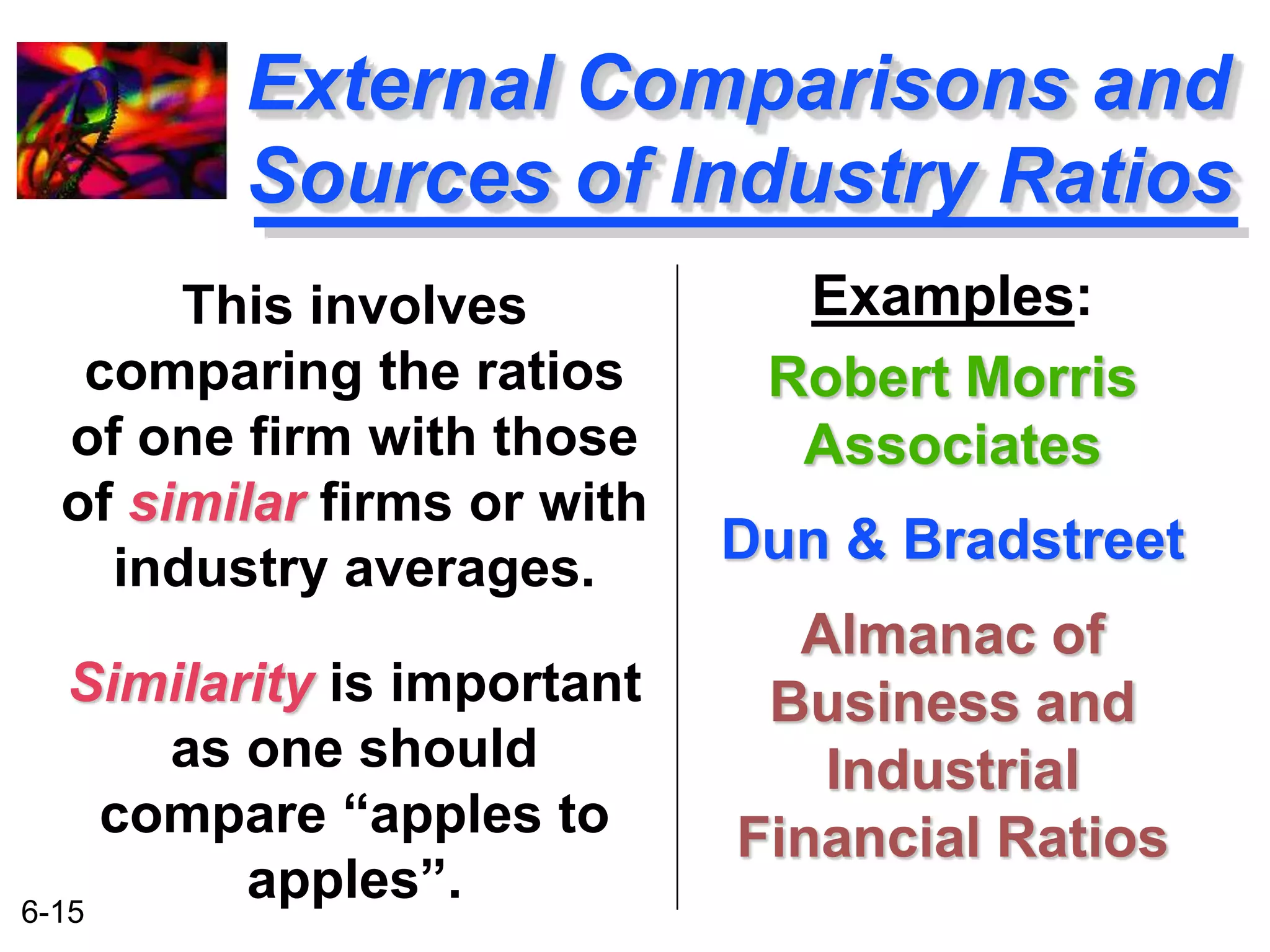 6-15 
External Comparisons and 
Sources of Industry Ratios 
Examples: 
Robert Morris 
Associates 
Dun & Bradstreet 
Almanac of 
Business and 
Industrial 
Financial Ratios 
This involves 
comparing the ratios 
of one firm with those 
of similar firms or with 
industry averages. 
Similarity is important 
as one should 
compare “apples to 
apples”. 
 