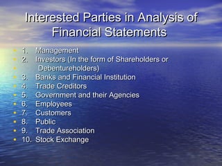 Interested Parties in Analysis of
Financial Statements
•
•
•
•
•
•
•
•
•
•
•

1. Management
2. Investors (In the form of Shareholders or
Debentureholders)
3. Banks and Financial Institution
4. Trade Creditors
5. Government and their Agencies
6. Employees
7. Customers
8. Public
9. Trade Association
10. Stock Exchange

 
