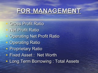 FOR MANAGEMENT
•
•
•
•
•
•
•

Gross Profit Ratio
Net Profit Ratio
Operating Net Profit Ratio
Operating Ratio
Proprietary Ratio
Fixed Asset : Net Worth
Long Term Borrowing : Total Assets

 