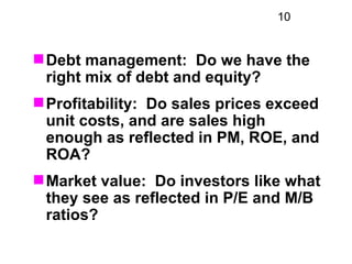 10


 Debt management: Do we have the
  right mix of debt and equity?
 Profitability: Do sales prices exceed
  unit cost...