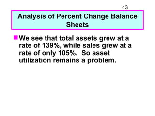 43
 Analysis of Percent Change Balance
                Sheets
 We see that total assets grew at a
  rate of 139%, while s...