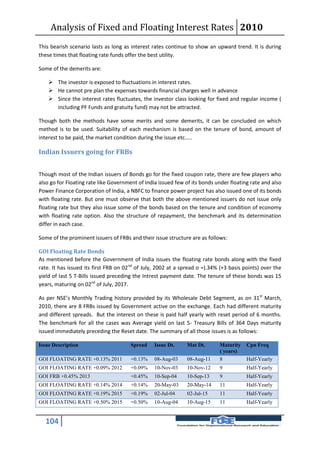 Analysis of Fixed and Floating Interest Rates 2010
This bearish scenario lasts as long as interest rates continue to show an upward trend. It is during
these times that floating rate funds offer the best utility.

Some of the demerits are:

     The investor is exposed to fluctuations in interest rates.
     He cannot pre plan the expenses towards financial charges well in advance
     Since the interest rates fluctuates, the investor class looking for fixed and regular income (
      including PF Funds and gratuity fund) may not be attracted.

Though both the methods have some merits and some demerits, it can be concluded on which
method is to be used. Suitability of each mechanism is based on the tenure of bond, amount of
interest to be paid, the market condition during the issue etc.....

Indian Issuers going for FRBs


Though most of the Indian issuers of Bonds go for the fixed coupon rate, there are few players who
also go for Floating rate like Government of India issued few of its bonds under floating rate and also
Power Finance Corporation of India, a NBFC to finance power project has also issued one of its bonds
with floating rate. But one must observe that both the above mentioned issuers do not issue only
floating rate but they also issue some of the bonds based on the tenure and condition of economy
with floating rate option. Also the structure of repayment, the benchmark and its determination
differ in each case.

Some of the prominent issuers of FRBs and their issue structure are as follows:

GOI Floating Rate Bonds
As mentioned before the Government of India issues the floating rate bonds along with the fixed
rate. It has issued its first FRB on 02nd of July, 2002 at a spread o =).34% (+3 basis points) over the
yield of last 5 T-Bills issued preceding the Intrest payment date. The tenure of these bonds was 15
years, maturing on 02nd of July, 2017.

As per NSE’s Monthly Trading history provided by its Wholesale Debt Segment, as on 31st March,
2010, there are 8 FRBs issued by Government active on the exchange. Each had different maturity
and different spreads. But the interest on these is paid half yearly with reset period of 6 months.
The benchmark for all the cases was Average yield on last 5- Treasury Bills of 364 Days maturity
issued immediately preceding the Reset date. The summary of all those issues is as follows:

Issue Description                      Spread    Issue Dt.     Mat Dt.      Maturity    Cpn Freq
                                                                            ( years)
GOI FLOATING RATE +0.13% 2011          +0.13%    08-Aug-03     08-Aug-11    8           Half-Yearly
GOI FLOATING RATE +0.09% 2012          +0.09%    10-Nov-03     10-Nov-12    9           Half-Yearly
GOI FRB +0.45% 2013                    +0.45%    10-Sep-04     10-Sep-13    9           Half-Yearly
GOI FLOATING RATE +0.14% 2014          +0.14%    20-May-03     20-May-14    11          Half-Yearly
GOI FLOATING RATE +0.19% 2015          +0.19%    02-Jul-04     02-Jul-15    11          Half-Yearly
GOI FLOATING RATE +0.50% 2015          +0.50%    10-Aug-04     10-Aug-15    11          Half-Yearly


  104
 
