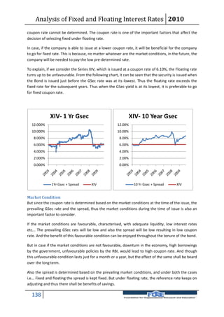 Analysis of Fixed and Floating Interest Rates 2010
coupon rate cannot be determined. The coupon rate is one of the important factors that affect the
decision of selecting fixed under floating rate.

In case, if the company is able to issue at a lower coupon rate, it will be beneficial for the company
to go for fixed rate. This is because, no matter whatever are the market conditions, in the future, the
company will be needed to pay the low pre-determined rate.

To explain, if we consider the Series XIV, which is issued at a coupon rate of 6.10%, the Floating rate
turns up to be unfavourable. From the following chart, it can be seen that the security is issued when
the Bond is issued just before the GSec rate was at its lowest. Thus the floating rate exceeds the
fixed rate for the subsequent years. Thus when the GSec yield is at its lowest, it is preferable to go
for fixed coupon rate.




              XIV- 1 Yr Gsec                                    XIV- 10 Year Gsec
  12.000%                                              12.00%
  10.000%                                              10.00%
    8.000%                                              8.00%
    6.000%                                              6.00%
    4.000%                                              4.00%
    2.000%                                              2.00%
    0.000%                                              0.00%




               1Yr Gsec + Spread       XIV                       10 Yr Gsec + Spread       XIV


Market Condition
But since the coupon rate is determined based on the market conditions at the time of the issue, the
prevailing GSec rate and the spread, thus the market conditions during the time of issue is also an
important factor to consider.

If the market conditions are favourable, characterised, with adequate liquidity, low interest rates
etc... The prevailing GSec rats will be low and also the spread will be low resulting in low coupon
rate. And the benefit of this favourable condition can be enjoyed throughout the tenure of the bond.

But in case if the market conditions are not favourable, downturn in the economy, high borrowings
by the government, unfavourable policies by the RBI, would lead to high coupon rate. And though
this unfavourable condition lasts just for a month or a year, but the effect of the same shall be beard
over the long term.

Also the spread is determined based on the prevailing market conditions, and under both the cases
i.e... Fixed and floating the spread is kept fixed. But under floating rate, the reference rate keeps on
adjusting and thus there shall be benefits of savings.

  138
 