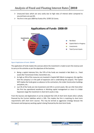 Analysis of Fixed and Floating Interest Rates 2010
     Unsecured loans which are very costly due to high rates of interest when compared to
      secured loans are just 6%.
     The firm in the year 2009 has funds of Rs. 53787.32 Crores.




                                 Applications of Funds- 2008-09
                                Total Current
                                  Assets
               Investments         15%
                  3%                                                             Net Block
                                                                                 Capital Work in Progress
                                Capital
                                                Net Block
                              Work in                                            Investments
                                                 57%
                              Progress                                           Total Current Assets
                                25%




Figure 4 Applications of Funds- 2008-09

The application of funds implies the avenues where the investment is made to earn the revenue and
to carry on the activities as per the objectives of the business.

     Being a capital intensive firm, the 57% of the funds are invested in Net Block i.e... Fixed
      assets like Transmission Grids, transmitters etc...
     As high as 25% of the resources are invested in Capital WIP (Work in progress), this signifies
      that the company is in the path of expansion and is undertaking the projects. The Capital
      WIP implies the funds given as advance to the contractors, the Under Construction buildings
      and plants, etc...
     Just 3% of the funds are into Investment and 15% in current assets. We can infer that either
      the firm has operational excellence in Working capital management or since it is Under
      Expansion stage the investment in short term assets is low.

From the Sources and Applications it can be analysed that 15% of short term Assets (CA) is wholly
financed by the Current liabilities which is 19%. This implies the firm is matching its short term
requirements with short term sources. This may be termed as aggressive strategy because the
Permanent and temporary working capital is being financed by the short term funds.




     29
 