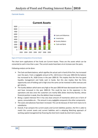 Analysis of Fixed and Floating Interest Rates 2010
Current Assets



                                 Current Assets
   9000
   8000
   7000
   6000
                                                           Loans and Advances
   5000
                                                            Inventories
   4000
   3000                                                    Sundry Debtors
   2000                                                     Cash and Bank
   1000
       0
            2003 2004 2005 2006 2007 2008 2009


Figure 19 Trend in Composition of Current Assets

The short term applications of the funds are Current Assets. These are the assets which can be
converted to cash in less than a year. The current assets have been at an increase over the years.

Following analysis can be done:

     The Cash and Bank balance, which signifies the actual cash in hand of the firm, has increased
      over the years. From a negligible amount of Rs. 118 Crores in the year 2003-04 the balance
      has increased to Rs. 2428 Crores in the year 2009-10. This implies that the firm has good
      liquidity management and holds cash in hands. But this also implies that the firms
      opportunity cost of holding cash is high since the same can be invested in other avenues and
      get returns.
     The Sundry debtors which were very high or the year 2003-04 have decreased over the years
      and have increased in the year 2009-10. This could be due to the expansion in the
      operations and also since the customers are mainly SEBs (State electricity Boards), whose
      financial position is weak, thus the debtors have increased.
     Being a capital intensive firm it has very least amount of Inventories which are in form of
      spares, consumables etc... The amount is very negligible compared o the other components.
     The Loans and advances have been increased. This can be because of short term loans to its
      subsidiaries.
     Overall, if we compare the current assets and Current liabilities position, the firm is able to
      match the current assets and current liabilities and is adopting Matching approach of
      working capital management by financing the short term needs by short term sources.




     39
 