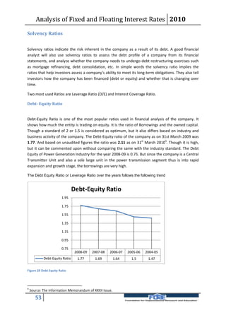 Analysis of Fixed and Floating Interest Rates 2010
Solvency Ratios


Solvency ratios indicate the risk inherent in the company as a result of its debt. A good financial
analyst will also use solvency ratios to assess the debt profile of a company from its financial
statements, and analyze whether the company needs to undergo debt restructuring exercises such
as mortgage refinancing, debt consolidation, etc. In simple words the solvency ratio implies the
ratios that help investors assess a company’s ability to meet its long-term obligations. They also tell
investors how the company has been financed (debt or equity) and whether that is changing over
time.

Two most used Ratios are Leverage Ratio (D/E) and Interest Coverage Ratio.

Debt- Equity Ratio


Debt-Equity Ratio is one of the most popular ratios used in financial analysis of the company. It
shows how much the entity is trading on equity. It is the ratio of Borrowings and the owned capital.
Though a standard of 2 or 1.5 is considered as optimum, but it also differs based on industry and
business activity of the company. The Debt-Equity ratio of the company as on 31st March 2009 was
1.77. And based on unaudited figures the ratio was 2.11 as on 31st March 20104. Though it is high,
but it can be commented upon without comparing the same with the industry standard. The Debt
Equity of Power Generation Industry for the year 2008-09 is 0.75. But since the company is a Central
Transmitter Unit and also a sole large unit in the power transmission segment thus is into rapid
expansion and growth stage, the borrowings are very high.

The Debt Equity Ratio or Leverage Ratio over the years follows the following trend


                                Debt-Equity Ratio
                       1.95

                       1.75

                       1.55

                       1.35

                       1.15

                       0.95

                       0.75
                                 2008-09   2007-08   2006-07    2005-06   2004-05
            Debt-Equity Ratio     1.77      1.69         1.64     1.5      1.47


Figure 29 Debt Equity Ratio




4
    Source: The Information Memorandum of XXXII Issue.

       53
 