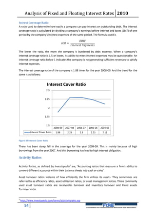 Analysis of Fixed and Floating Interest Rates 2010
Intrest Coverage Ratio
A ratio used to determine how easily a company can pay interest on outstanding debt. The interest
coverage ratio is calculated by dividing a company's earnings before interest and taxes (EBIT) of one
period by the company's interest expenses of the same period. The formula used is

                                                                     
                                              =
                                                         

The lower the ratio, the more the company is burdened by debt expense. When a company's
interest coverage ratio is 1.5 or lower, its ability to meet interest expenses may be questionable. An
interest coverage ratio below 1 indicates the company is not generating sufficient revenues to satisfy
interest expenses.

The Interest coverage ratio of the company is 1.88 times for the year 2008-09. And the trend for the
same is as follows:


                             Interest Cover Ratio
                            2.5


                          2.25


                                 2


                          1.75


                            1.5
                                     2008-09     2007-08        2006-07         2005-06     2004-05
            Interest Cover Ratio      1.88         2.29             2.3            2.23      2.11


Figure 30 Interest Cover Ratio

There has been steep fall in the coverage for the year 2008-09. This is mainly because of high
borrowings from the year 2007. And this borrowing has lead to high interest obligation.

Activity Ratios

Activity Ratios, as defined by Investopedia5 are, ‘Accounting ratios that measure a firm's ability to
convert different accounts within their balance sheets into cash or sales’.

Asset turnover ratios indicate of how efficiently the firm utilizes its assets. They sometimes are
referred to as efficiency ratios, asset utilization ratios, or asset management ratios. Three commonly
used asset turnover ratios are receivables turnover and inventory turnover and Fixed assets
Turnover ratio.


5
    http://www.investopedia.com/terms/a/activityratio.asp

       54
 