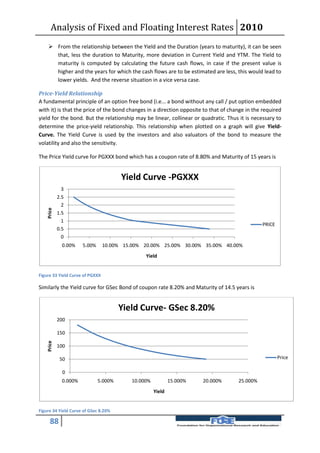 Analysis of Fixed and Floating Interest Rates 2010
      From the relationship between the Yield and the Duration (years to maturity), it can be seen
       that, less the duration to Maturity, more deviation in Current Yield and YTM. The Yield to
       maturity is computed by calculating the future cash flows, in case if the present value is
       higher and the years for which the cash flows are to be estimated are less, this would lead to
       lower yields. And the reverse situation in a vice versa case.

Price-Yield Relationship
A fundamental principle of an option free bond (i.e... a bond without any call / put option embedded
with it) is that the price of the bond changes in a direction opposite to that of change in the required
yield for the bond. But the relationship may be linear, collinear or quadratic. Thus it is necessary to
determine the price-yield relationship. This relationship when plotted on a graph will give Yield-
Curve. The Yield Curve is used by the investors and also valuators of the bond to measure the
volatility and also the sensitivity.

The Price Yield curve for PGXXX bond which has a coupon rate of 8.80% and Maturity of 15 years is


                                        Yield Curve -PGXXX
              3
            2.5
              2
    Price




            1.5
              1
                                                                                               PRICE
            0.5
              0
              0.00%    5.00%     10.00% 15.00% 20.00% 25.00% 30.00% 35.00% 40.00%
                                                Yield


Figure 33 Yield Curve of PGXXX

Similarly the Yield curve for GSec Bond of coupon rate 8.20% and Maturity of 14.5 years is


                                        Yield Curve- GSec 8.20%
            200

            150
    Price




            100

             50                                                                                        Price

              0
              0.000%           5.000%      10.000%           15.000%   20.000%       25.000%
                                                     Yield


Figure 34 Yield Curve of GSec 8.20%

      88
 