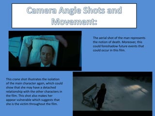 The aerial shot of the man represents
                                            the notion of death. Moreover, this
                                            could foreshadow future events that
                                            could occur in this film.




This crane shot illustrates the isolation
of the main character again, which could
show that she may have a detached
relationship with the other characters in
the film. This shot also makes her
appear vulnerable which suggests that
she is the victim throughout the film.
 