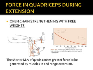  OPEN CHAIN STRENGTHENING WITH FREE
WEIGHTS –
The shorter M.A of quads causes greater force to be
generated by muscles in end range extension.