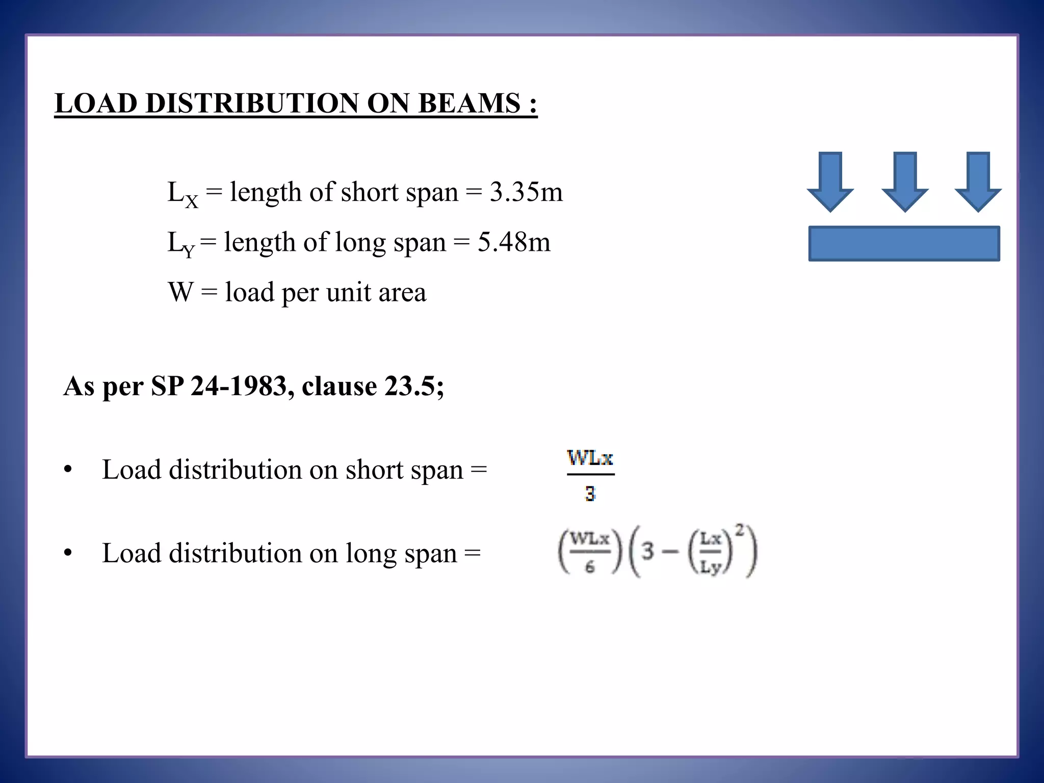 LOAD DISTRIBUTION ON BEAMS :
LX = length of short span = 3.35m
LY = length of long span = 5.48m
W = load per unit area
As per SP 24-1983, clause 23.5;
• Load distribution on short span =
• Load distribution on long span =
 