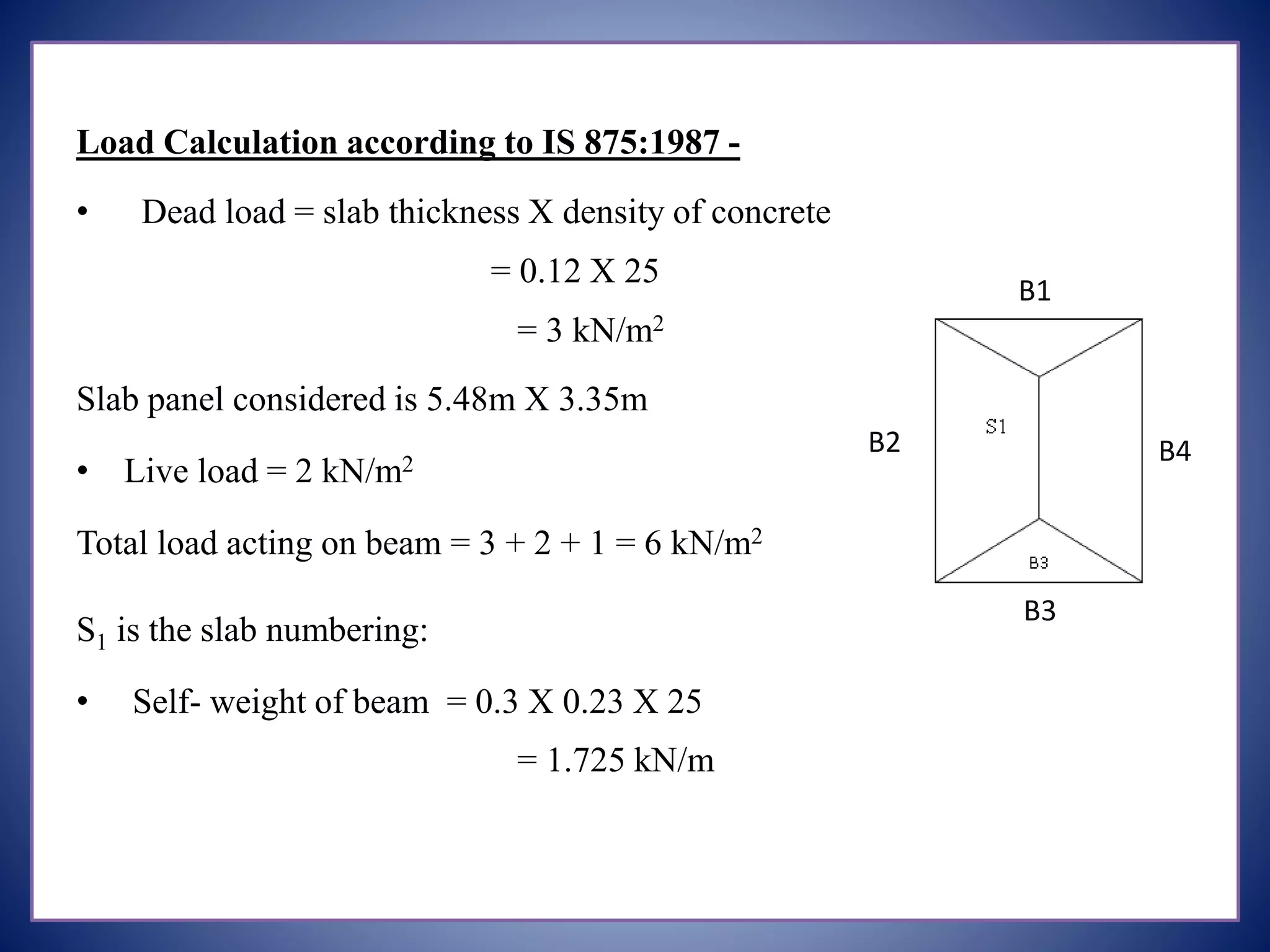 Load Calculation according to IS 875:1987 -
• Dead load = slab thickness X density of concrete
= 0.12 X 25
= 3 kN/m2
Slab panel considered is 5.48m X 3.35m
• Live load = 2 kN/m2
Total load acting on beam = 3 + 2 + 1 = 6 kN/m2
S1 is the slab numbering:
• Self- weight of beam = 0.3 X 0.23 X 25
= 1.725 kN/m
B4
B1
B3
B2
 
