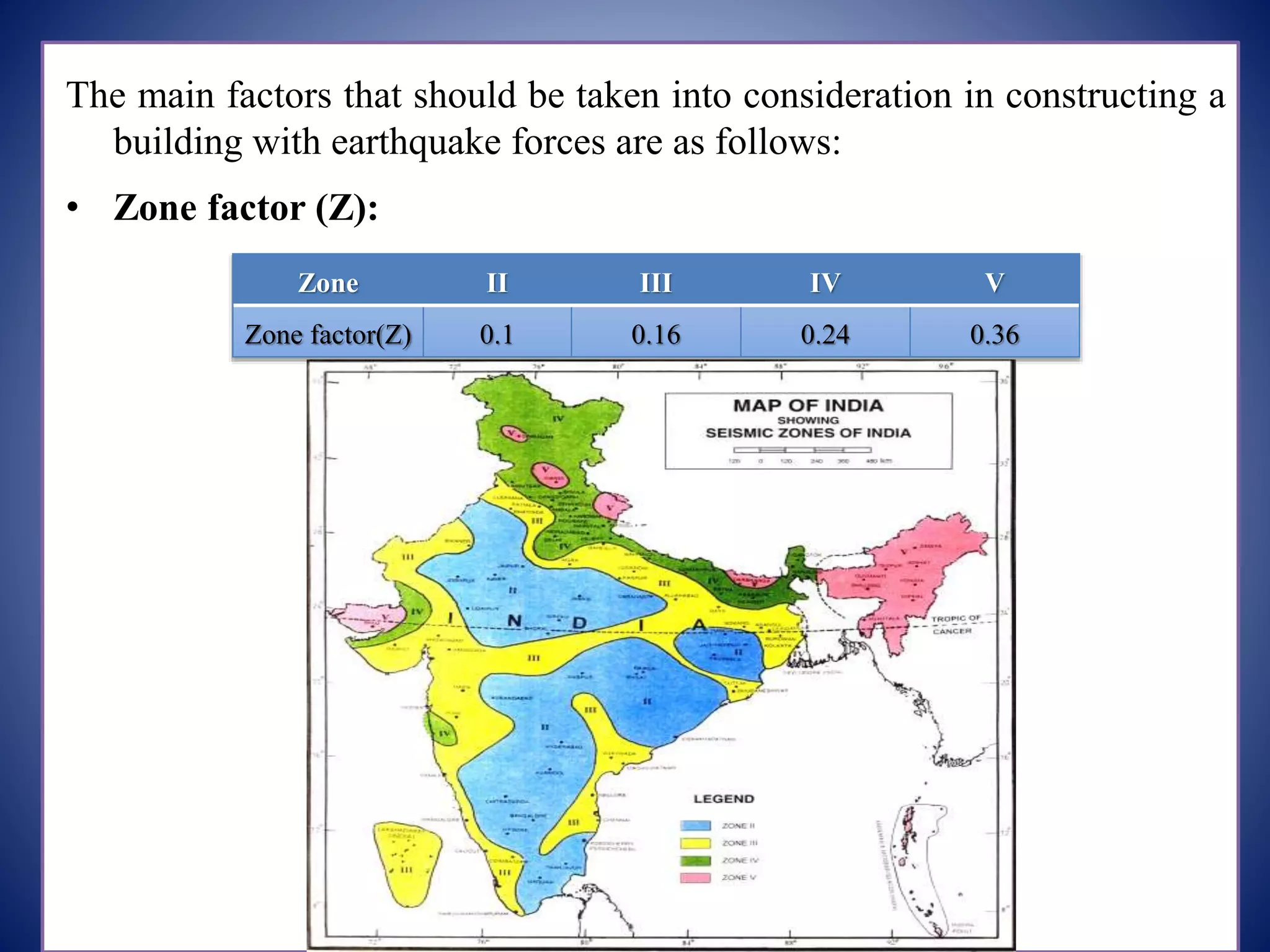 The main factors that should be taken into consideration in constructing a
building with earthquake forces are as follows:
• Zone factor (Z):
Zone II III IV V
Zone factor(Z) 0.1 0.16 0.24 0.36
 