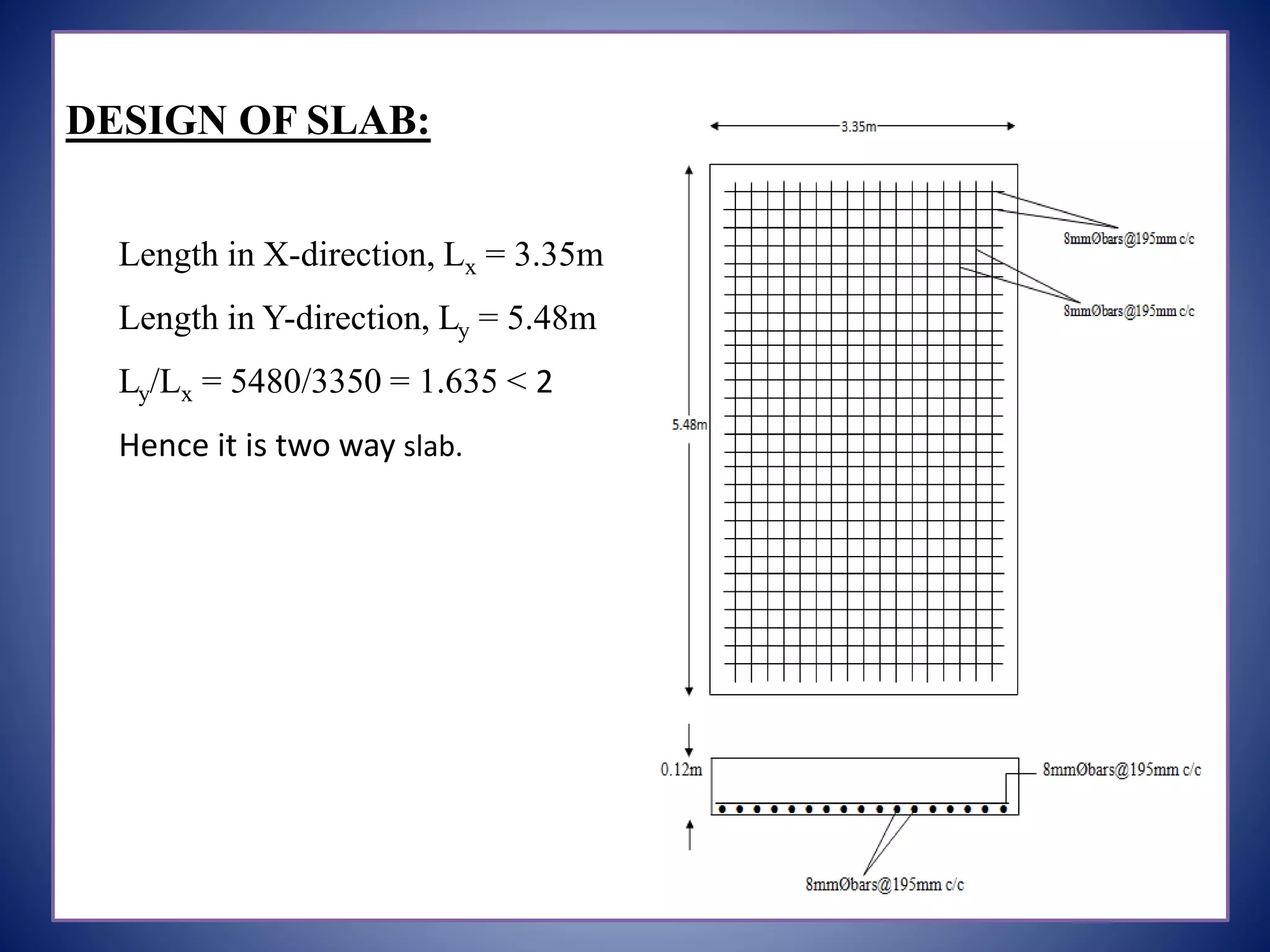 DESIGN OF SLAB:
Length in X-direction, Lx = 3.35m
Length in Y-direction, Ly = 5.48m
Ly/Lx = 5480/3350 = 1.635 < 2
Hence it is two way slab.
 