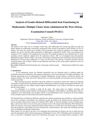 Analysis of gender related differential item functioning in mathematics ...