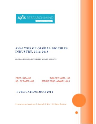 www.axisresearchmind.com | Copyright © 2014 | All Rights Reserved
ANALYSIS OF GLOBAL BIOCHIPS
INDUSTRY, 2012-2018
GLOBAL TRENDS, ESTIMATES AND FORECASTS
PRICE: US$4450
NO. OF PAGES: 483
TABLES/CHARTS: 182
REPORT CODE: ARMMR114N.1
PUBLICATION: JUNE 2014
 