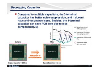 By Criterion 101
Decoupling Capacitor
nn Compared to multiple capacitors, the 3-terminal
capacitor has better noise suppression, and it doesn’t
have anti-resonance issue. Besides, the 3-terminal
capacitor can save PCB area due to less
components[75].
 