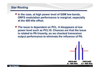 By Criterion 103
Star Routing
nn In the case, at high power level of GSM low bands,
ORFS modulation performance is marginal, especially
at the 400 kHz offset.
nn The issue is dependent on PCL. It disappears at low
power level such as PCL19. Chances are that the issue
is related to PA linearity, so we checked transceiver
output performance to eliminate the influence of PA.
 