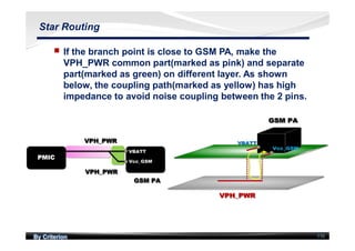 By Criterion 110
Star Routing
nn If the branch point is close to GSM PA, make the
VPH_PWR common part(marked as pink) and separate
part(marked as green) on different layer. As shown
below, the coupling path(marked as yellow) has high
impedance to avoid noise coupling between the 2 pins.
 