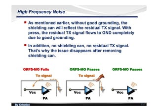 By Criterion 112
High Frequency Noise
nn As mentioned earlier, without good grounding, the
shielding can will reflect the residual TX signal. With
press, the residual TX signal flows to GND completely
due to good grounding.
nn In addition, no shielding can, no residual TX signal.
That’s why the issue disappears after removing
shielding can.
 