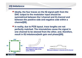 By Criterion 123
I/Q Imbalance
nn Ideally, the four traces on the IQ signal path from the
DAC output to the modulator input should be
symmetrical between the I channel and Q channel and
between the positive side and negative side within a
channel[69].
nn In reality, due to PCB layout, trace lengths are not
perfectly matched. The mismatches cause the signal in
one channel to be skewed from the other, and, therefore,
result in IQ imbalance(both gain and phase)[69].
 