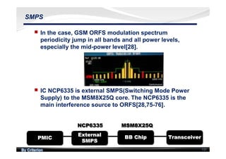 By Criterion 131
SMPS
nn In the case, GSM ORFS modulation spectrum
periodicity jump in all bands and all power levels,
especially the mid-power level[28].
nn IC NCP6335 is external SMPS(Switching Mode Power
Supply) to the MSM8X25Q core. The NCP6335 is the
main interference source to ORFS[28,75-76].
 