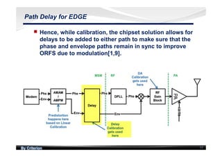 By Criterion 17
Path Delay for EDGE
nn Hence, while calibration, the chipset solution allows for
delays to be added to either path to make sure that the
phase and envelope paths remain in sync to improve
ORFS due to modulation[1,9].
 