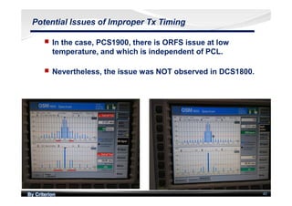 By Criterion 40
Potential Issues of Improper Tx Timing
nn In the case, PCS1900, there is ORFS issue at low
temperature, and which is independent of PCL.
nn Nevertheless, the issue was NOT observed in DCS1800.
 