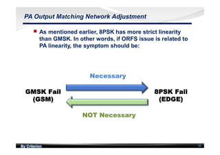 By Criterion 58
PA Output Matching Network Adjustment
nn As mentioned earlier, 8PSK has more strict linearity
than GMSK. In other words, if ORFS issue is related to
PA linearity, the symptom should be:
 