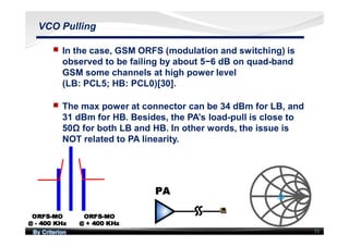 By Criterion 73
VCO Pulling
nn In the case, GSM ORFS (modulation and switching) is
observed to be failing by about 5−6 dB on quad-band
GSM some channels at high power level
(LB: PCL5; HB: PCL0)[30].
nn The max power at connector can be 34 dBm for LB, and
31 dBm for HB. Besides, the PA’s load-pull is close to
50Ω for both LB and HB. In other words, the issue is
NOT related to PA linearity.
 