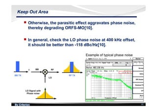 By Criterion 85
Keep Out Area
nn Otherwise, the parasitic effect aggravates phase noise,
thereby degrading ORFS-MO[10].
nn In general, check the LO phase noise at 400 kHz offset,
it should be better than -118 dBc/Hz[10].
 
