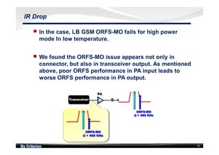 By Criterion 88
IR Drop
nn In the case, LB GSM ORFS-MO fails for high power
mode In low temperature.
nn We found the ORFS-MO issue appears not only in
connector, but also in transceiver output. As mentioned
above, poor ORFS performance in PA input leads to
worse ORFS performance in PA output.
 