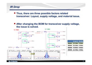 By Criterion 89
IR Drop
nn Thus, there are three possible factors related
transceiver: Layout, supply voltage, and material issue.
nn After changing the BOM for transceiver supply voltage,
the issue is solved.
 