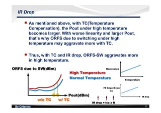 By Criterion 94
IR Drop
nn As mentioned above, with TC(Temperature
Compensation), the Pout under high temperature
becomes larger. With worse linearity and larger Pout,
that’s why ORFS due to switching under high
temperature may aggravate more with TC.
nn Thus, with TC and IR drop, ORFS-SW aggravates more
in high temperature.
 