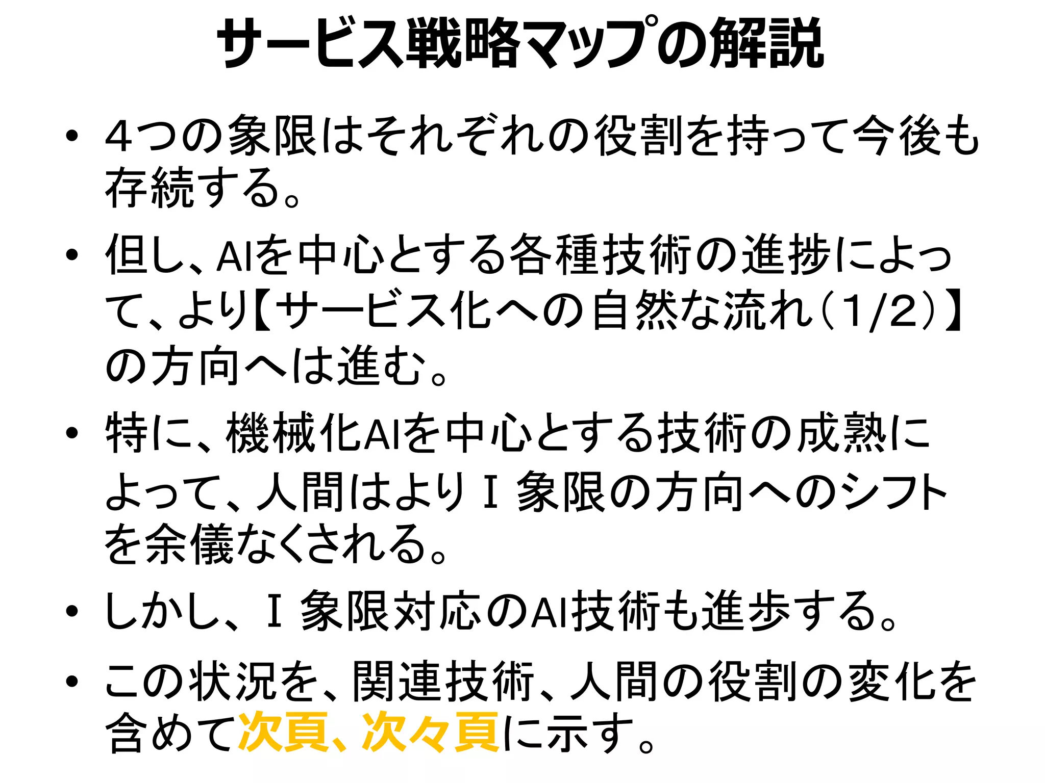• ４つの象限はそれぞれの役割を持って今後も
存続する。
• 但し、AIを中心とする各種技術の進捗によっ
て、より【サービス化への自然な流れ（１/２）】
の方向へは進む。
• 特に、機械化AIを中心とする技術の成熟に
よって、人間はよりⅠ象限の方向へのシフト
を余儀なくされる。
• しかし、Ⅰ象限対応のAI技術も進歩する。
• この状況を、関連技術、人間の役割の変化を
含めて次頁、次々頁に示す。
サービス戦略マップの解説
 