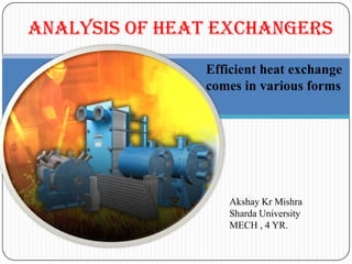Analysis of Heat exchangers
Efficient heat exchange
comes in various forms

Akshay Kr Mishra
Sharda University
MECH , 4 YR.

 