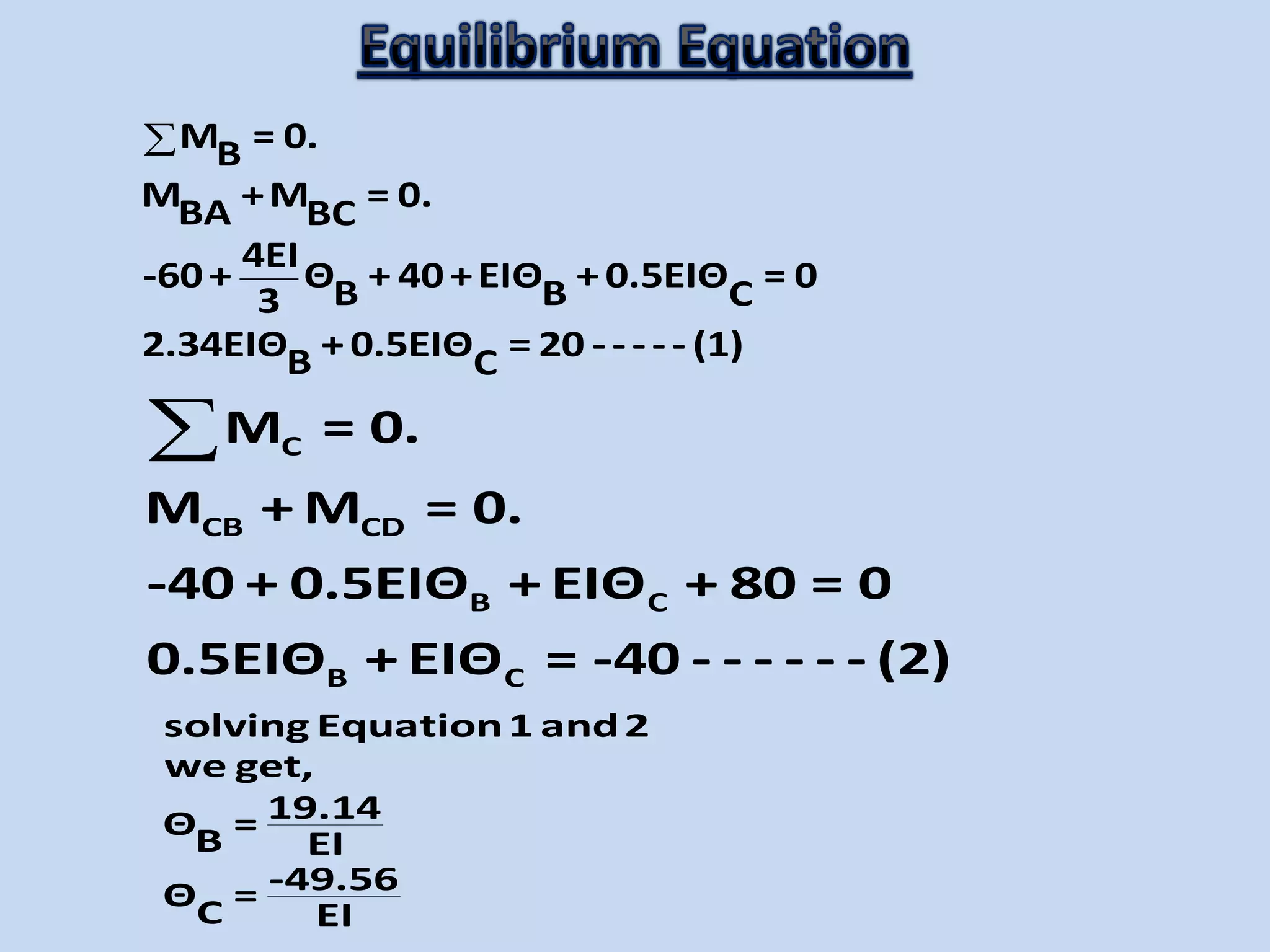  C
CB CD
B C
B C
M = 0.
M + M = 0.
-40 + 0.5EIΘ + EIΘ + 80 = 0
0.5EIΘ + EIΘ = -40 - - - - - - (2)
M = 0.B
M +M = 0.BA BC
4EI
-60+ Θ + 40+EIΘ + 0.5EIΘ = 0B B C3
2.34EIΘ + 0.5EIΘ = 20 - - - - - (1)B C
solving Equation1 and2
we get,
19.14Θ =B EI
-49.56Θ =
C EI
 