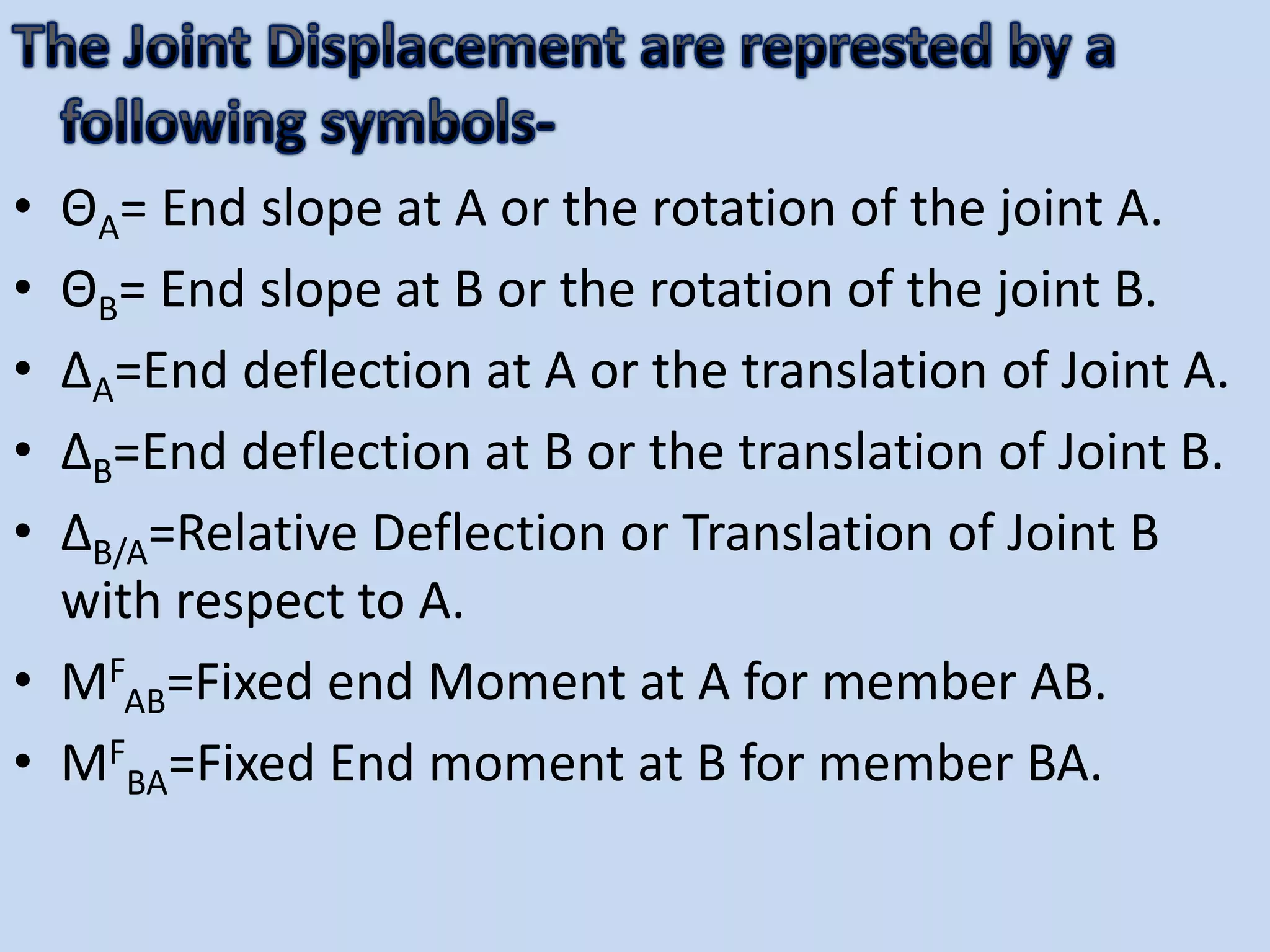 • ΘA= End slope at A or the rotation of the joint A.
• ΘB= End slope at B or the rotation of the joint B.
• ΔA=End deflection at A or the translation of Joint A.
• ΔB=End deflection at B or the translation of Joint B.
• ΔB/A=Relative Deflection or Translation of Joint B
with respect to A.
• MF
AB=Fixed end Moment at A for member AB.
• MF
BA=Fixed End moment at B for member BA.
 