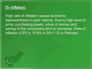 15- Inflation:
High rate of inflation causes economic
backwardness in poor nations. Due to high level of
price, purchasing...
