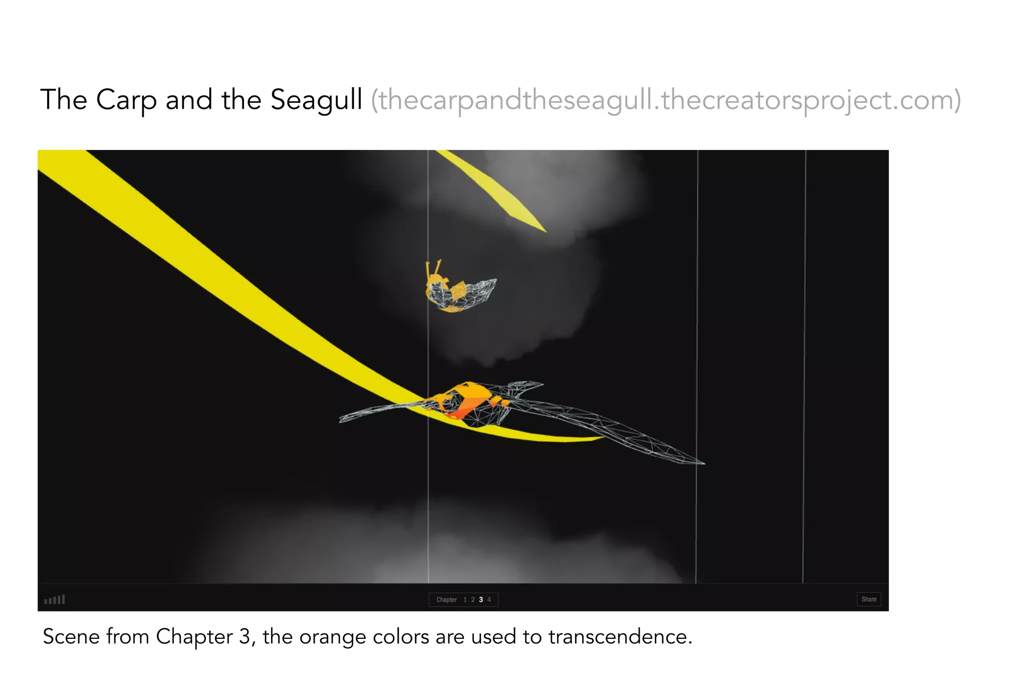 The Carp and the Seagull (thecarpandtheseagull.thecreatorsproject.com)
Scene from Chapter 3, the orange colors are used to transcendence.
 