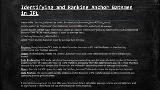 Identifying and Ranking Anchor Batsmen
in IPL
create table "anchor_batsman" as (select batsman,sum(batsman_runs)AS "run_count",
sum(is_wicket) as "Dismissals",(sum(batsman_runs)/nullif(sum(is_wicket), 0)) as average,
count ( distinct extract (year from match_date)) as seasons from master group by batsman Having Count(Distinct
Extract(YEAR FROM match_date)) > 2 order by average desc);
--checking the anchor_batsman list--
select * from anchor_batsman order by average desc limit 10;
Purpose :Using the above SQL code to identify anchor batsmen in IPL matches based on their batting
performance over multiple seasons.
Usage:The final query creates the "anchor_batsman" table and ranks batsmen based on their average runs
scored.
Code Explanation: SQL code calculates the average runs scored by each batsman, the total number of dismissals,
and the number of seasons they played in IPL matches.The query filters for batsmen who played in more than two
seasons for a significant sample size.The results are ordered in descending order of average runs scored.
Query: Execute the SQL query to create the "anchor_batsman" table and retrieve the top 10 anchor batsmen.
Data Analysis: The query helps identify and rank anchor batsmen in IPL matches based on their consistent and
stabilizing batting performances.
It provides an overview of the final SQL query's purpose, how it calculates average runs for anchor batsmen, and
its significance in identifying the top anchor batsmen in IPL matches.
 