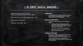 --4.5dot balls bowled--
select distinct bowling_team as
"Team",count(ball_result) as "Dot_Balls"
from deliveries_v02 where ball_result = 'Dot'
group by bowling_team
order by "Dot_Balls" desc;
o Objective:
o The objective of this SQL code is to count
the number of dot balls bowled by each
bowling team in IPL matches.
o Query Explanation:
o This SQL query performs the following
steps:
o Selects distinct bowling teams and
counts the number of dot balls ('Dot' ball
results) bowled by each team from the
"deliveries_v02" table.
o Groups the results by bowling team.
o Orders the results by the count of dot
balls in descending order.
o Analysis Results:
o Bowling dot balls is essential for building
pressure on the batting team and
minimizing their run-scoring opportunities.
o This analysis helps in assessing the
effectiveness of bowling teams in restricting
the opposition.
 