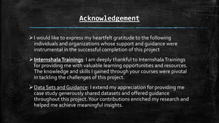 Acknowledgement
I would like to express my heartfelt gratitude to the following
individuals and organizations whose support and guidance were
instrumental in the successful completion of this project
InternshalaTrainings: I am deeply thankful to InternshalaTrainings
for providing me with valuable learning opportunities and resources.
The knowledge and skills I gained through your courses were pivotal
in tackling the challenges of this project.
Data Sets and Guidance: I extend my appreciation for providing me
case study generously shared datasets and offered guidance
throughout this project.Your contributions enriched my research and
helped me achieve meaningful insights.
 