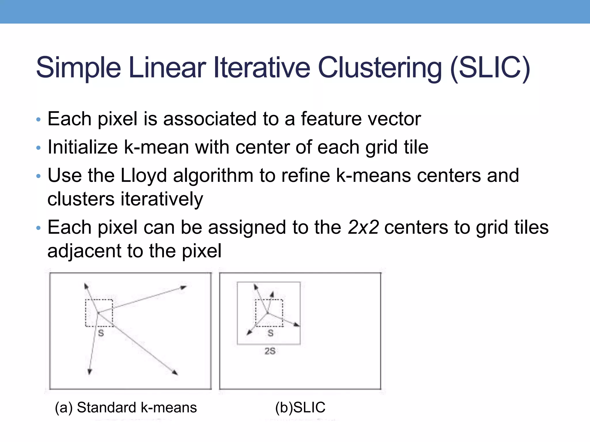 Simple Linear Iterative Clustering (SLIC)
• Each pixel is associated to a feature vector
• Initialize k-mean with center of each grid tile
• Use the Lloyd algorithm to refine k-means centers and
clusters iteratively
• Each pixel can be assigned to the 2x2 centers to grid tiles
adjacent to the pixel
(a) Standard k-means (b)SLIC
 