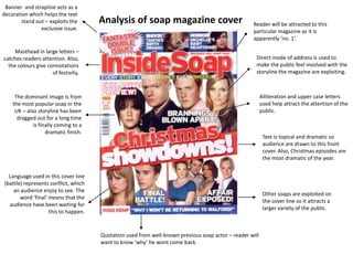 Banner  and strapline acts as a decoration which helps the text stand out – exploits the exclusive issue. Analysis of soap magazine cover Reader will be attracted to this particular magazine as it is apparently ‘no. 1’. Masthead in large letters – catches readers attention. Also, the colours give connotations of festivity. Direct mode of address is used to make the public feel involved with the storyline the magazine are exploiting. Alliteration and upper case letters used help attract the attention of the public. The dominant image is from the most popular soap in the UK – also storyline has been dragged out for a long time is finally coming to a dramatic finish. Text is topical and dramatic so audience are drawn to this front cover. Also, Christmas episodes are the most dramatic of the year. Language used in this cover line (battle) represents conflict, which an audience enjoy to see. The word ‘final’ means that the audience have been waiting for this to happen. Other soaps are exploited on the cover line so it attracts a larger variety of the public. Quotation used from well-known previous soap actor – reader will want to know ‘why’ he wont come back. 
