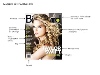 Main Picture over masthead – 
well known brand 
Main Cover line 
Strapline 
Magazine Cover Analysis One 
Masthead 
Plug 
Main cover Picture/ Feature 
article photo 
Barcode 
Cover lines 
justified down 
the left margin 
Theme – 
Two/three font 
colours 
 